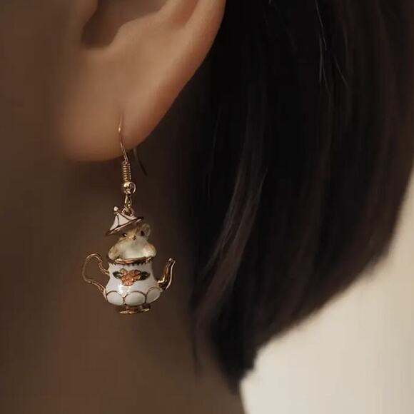 Teapot Mouse Dangle Earrings – 14K Gold Plated Enamel Charm, Kawaii New - Picture 3 of 4